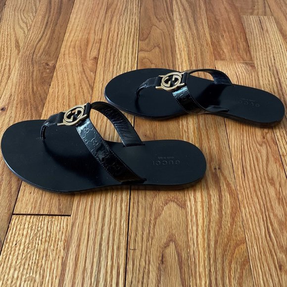 Gucci Black Vernice Crystal Thong Sandal Size 34.5 - Picture 4 of 11